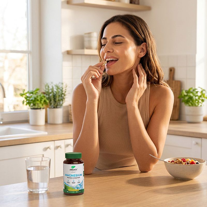 Femme prenant une capsule de Nature's Finest Magnesiumcitrate, avec une bouteille et un bol de céréales à côté.