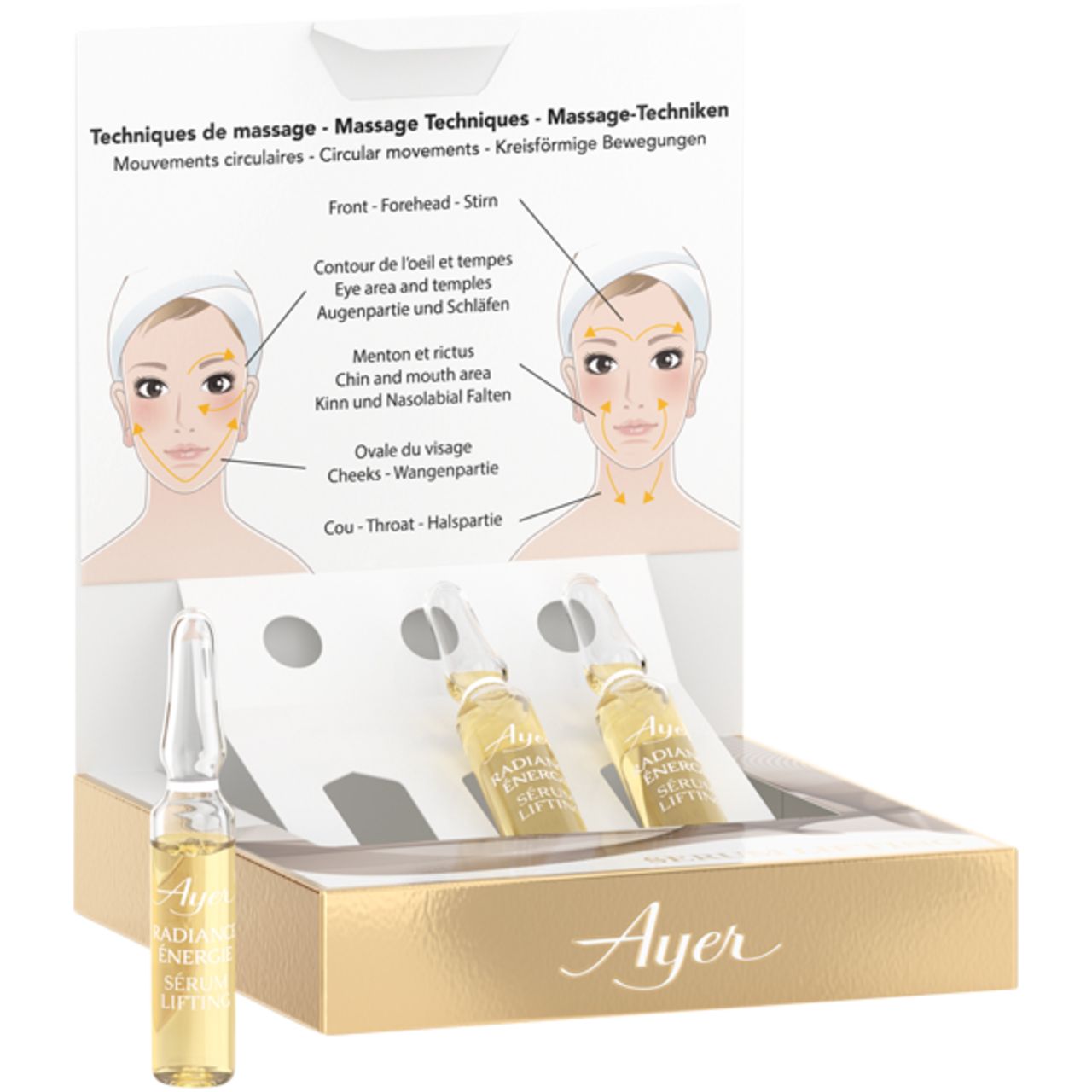 Boîte avec trois ampoules Ayer Radiance Energy Lifting Serum. Une ampoule ressort. Emballage doré.
