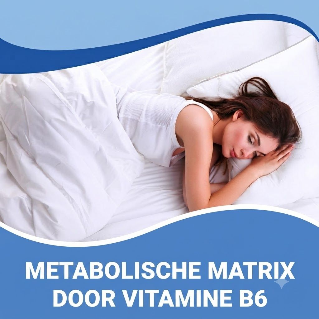 Vrouw slaapt in bed onder witte deken. Tekst: Metabolische matrix door vitamine B6.