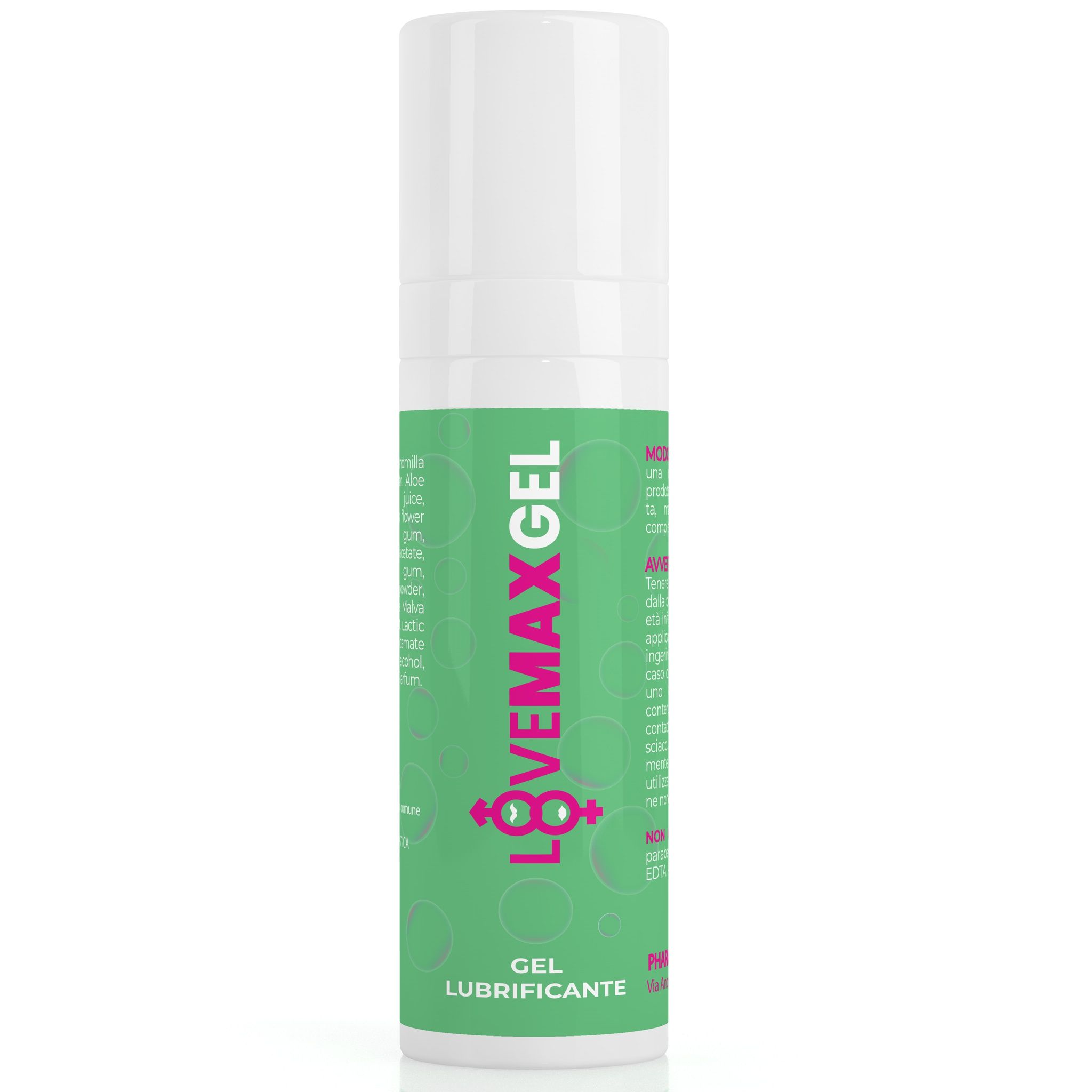 Flacon cylindrique blanc et vert. Nom du produit LOVEMAX GEL. Texte en italien. Gel lubrifiant.