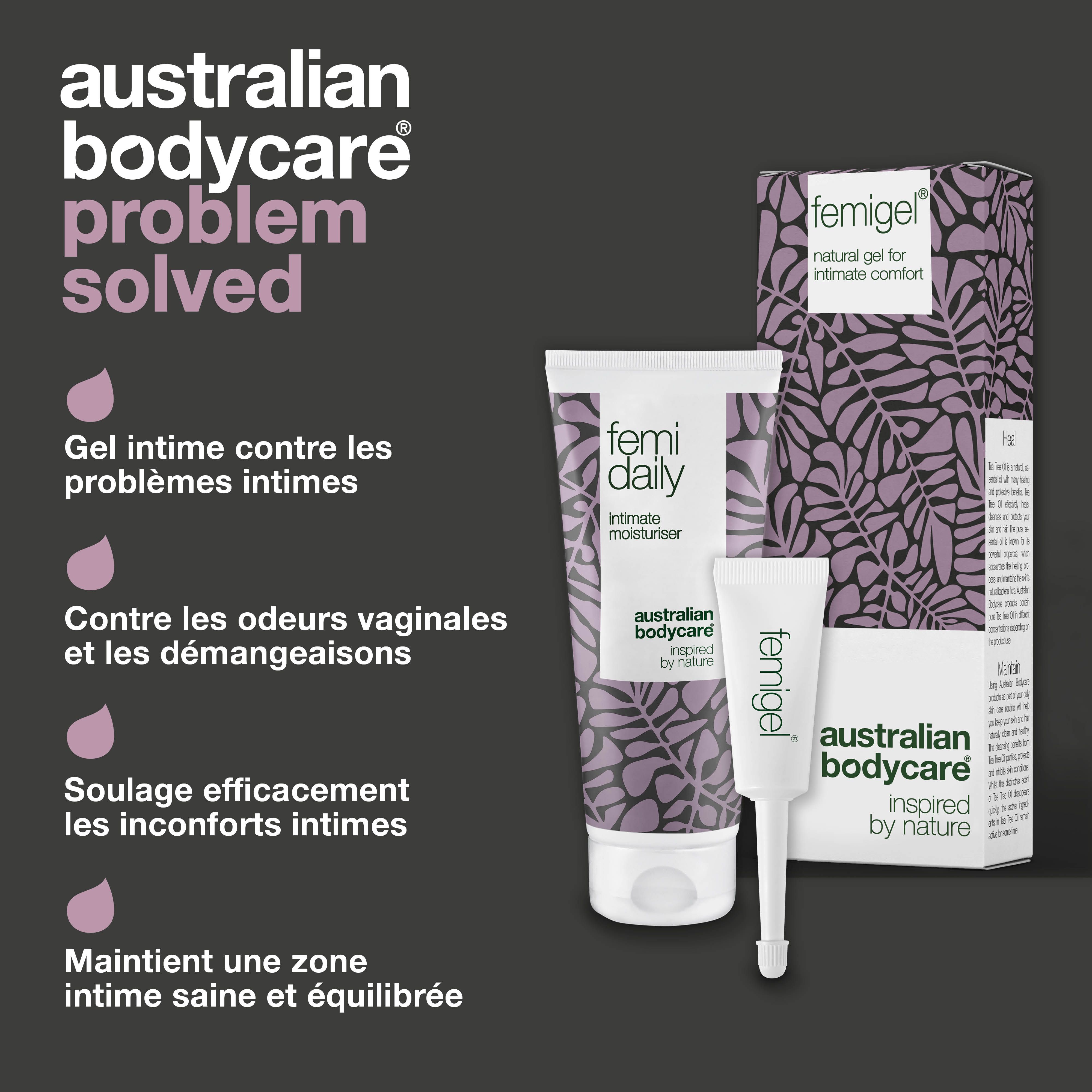 Produits : Femidaily, Femigel et emballage. Texte en français : problème résolu. Logo : Australian Bodycare.