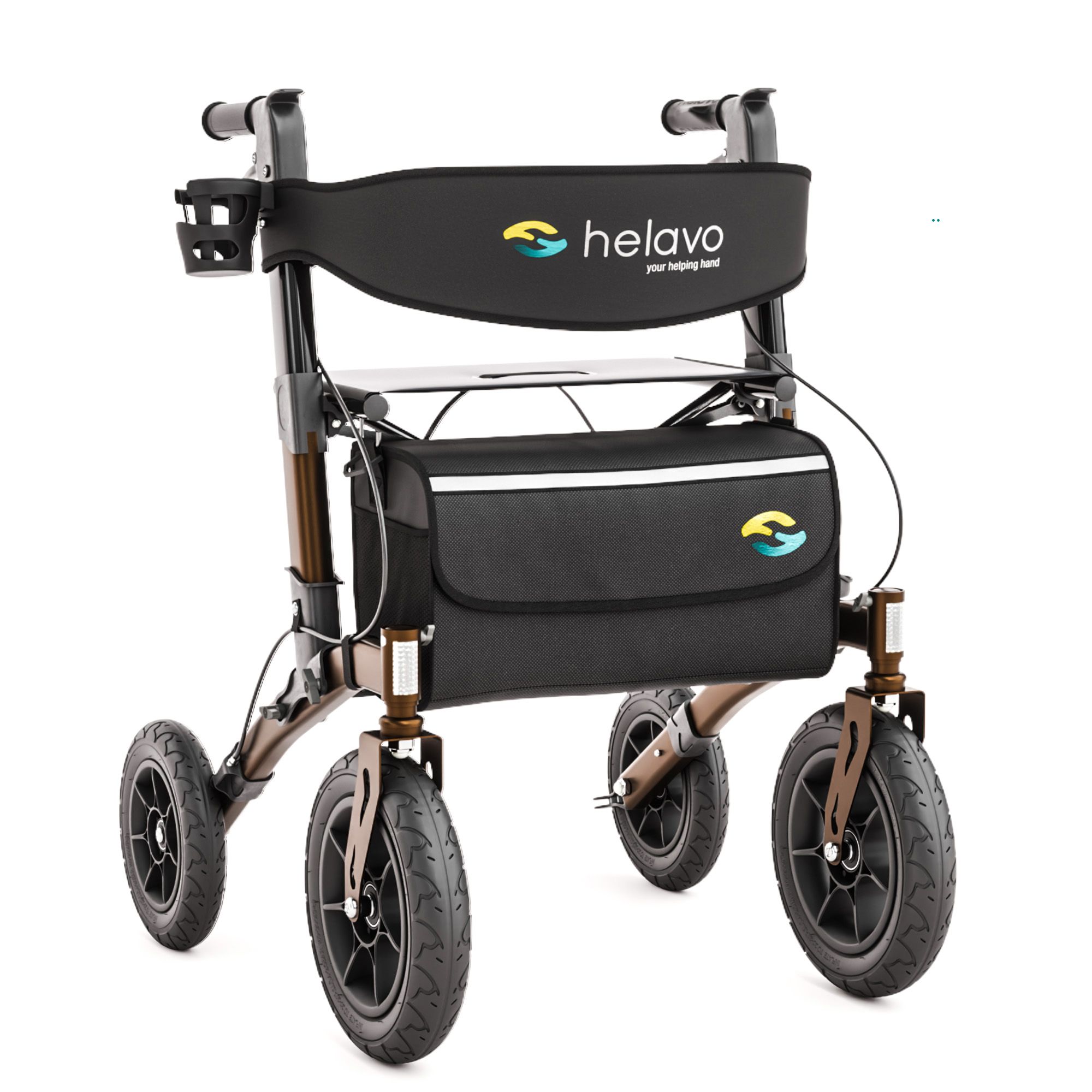 Rollator Helavo d'extérieur avec siège, pneus increvables et sacoche.