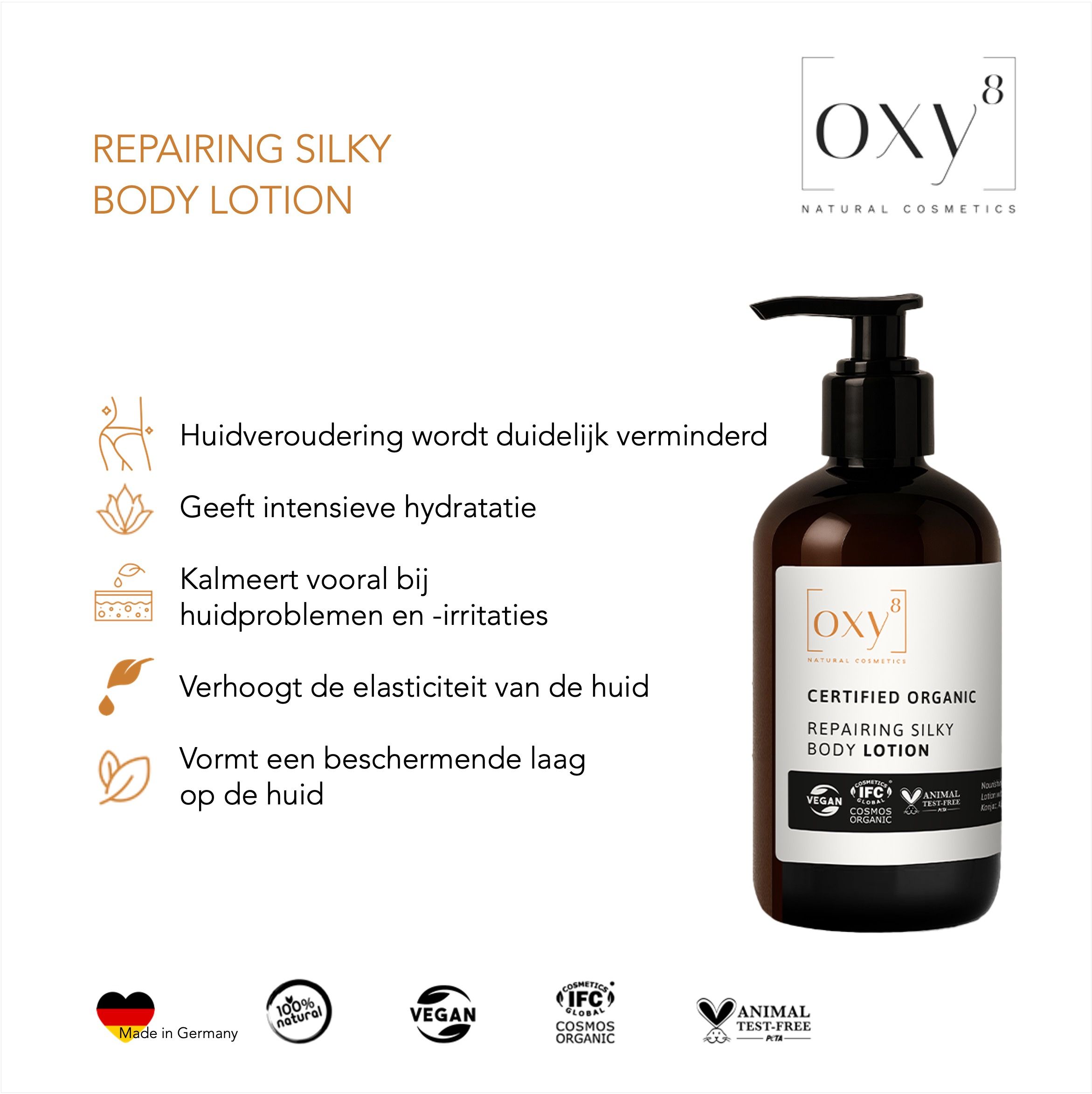 Een fles Repairing Silky Body Lotion. Bruine fles met zwarte pomp. Tekst: Certified Organic, Vegan, IFC Cosmos Organic.
