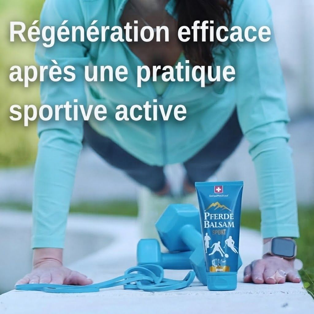 Une femme en tenue de sport fait des pompes à côté d'un haltère et d'un tube de baume pour chevaux Sport.