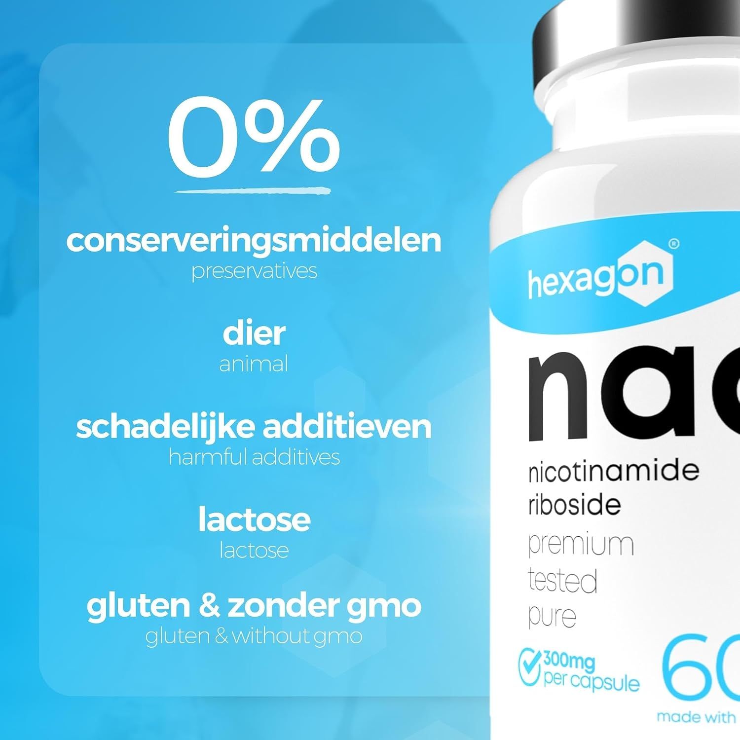 Witte fles met Hexagon logo, nicotinamide riboside capsules, 300mg per capsule, 60 stuks.