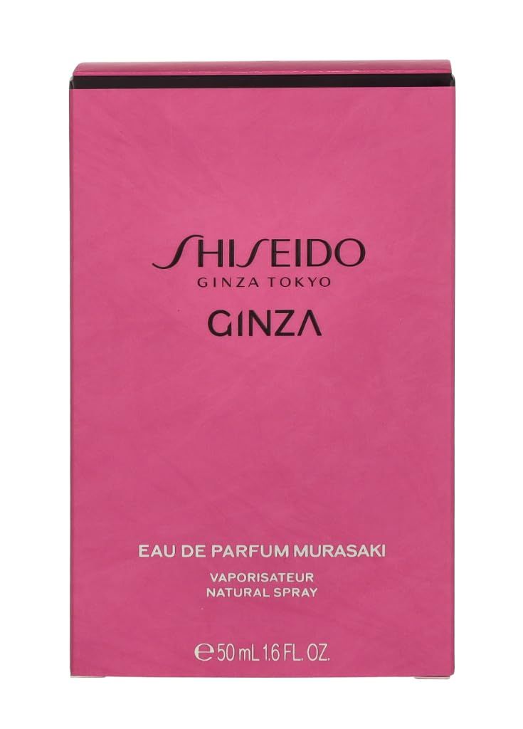Roze doos met Shiseido-logo en Ginza-tekst. Tekst: Eau de Parfum Murasaki, 50 ml.