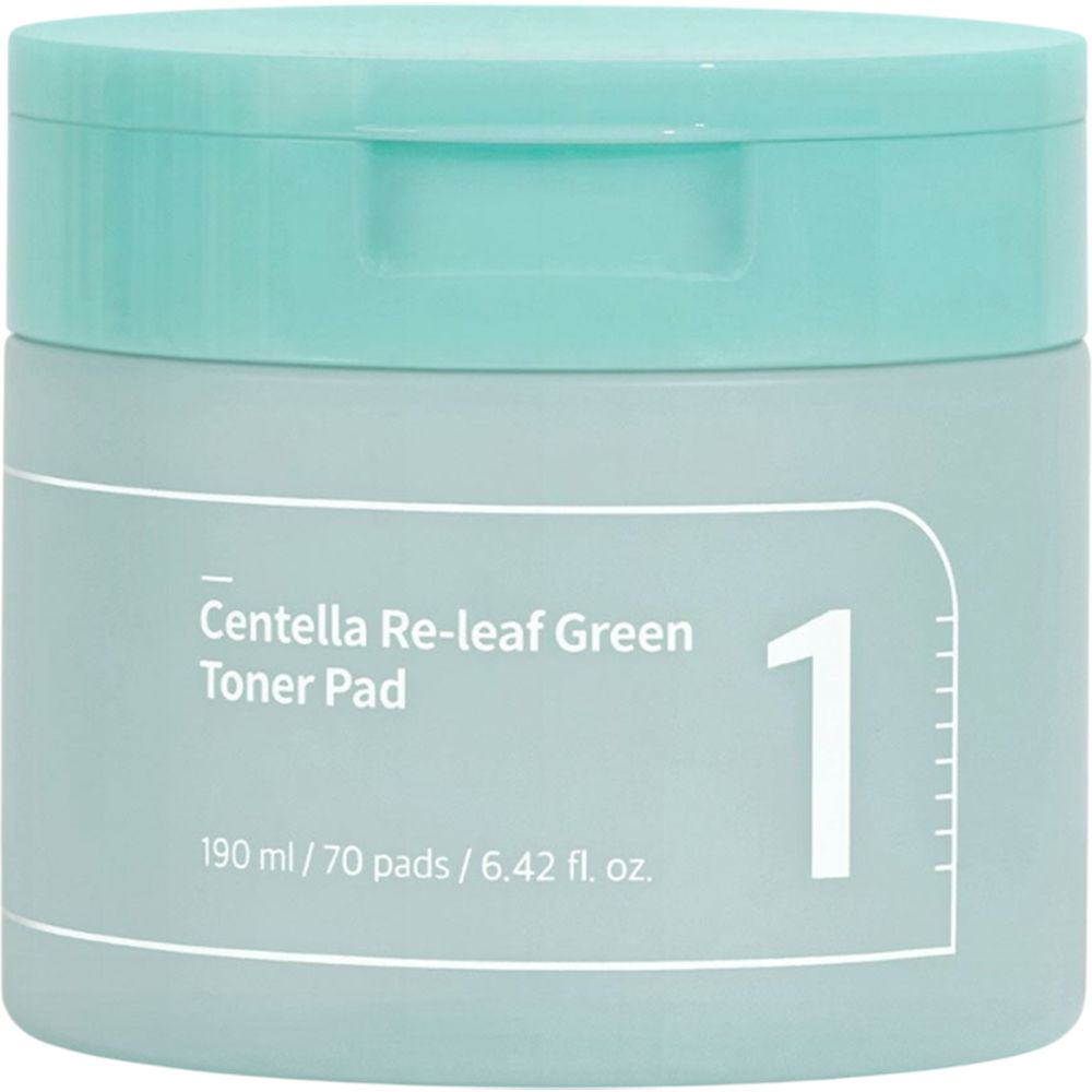 Turquoise pot met wit etiket. Opschrift: Centella Re-leaf Green Toner Pad, 1. Pot met deksel.