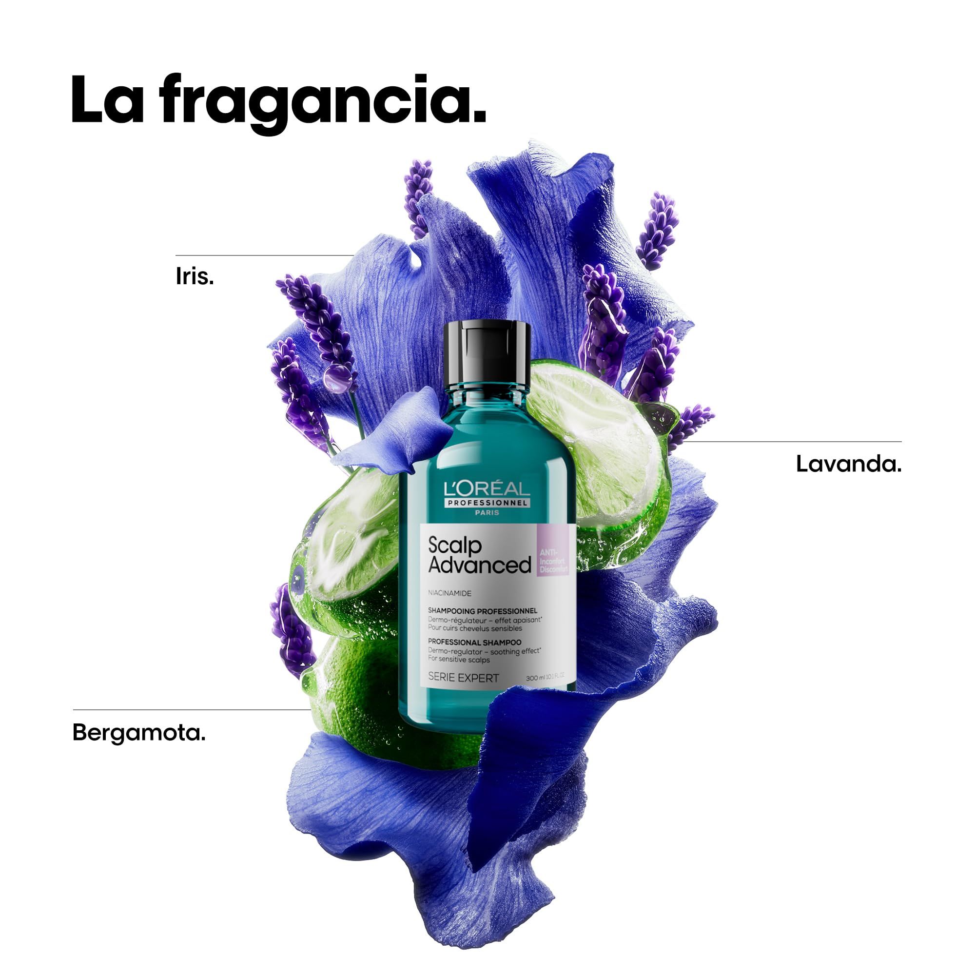 Turquoise fles met zwarte dop, omringd door paarse bloemen en groene bladeren. Tekst: L'Oréal Professionnel Scalp Advanced.