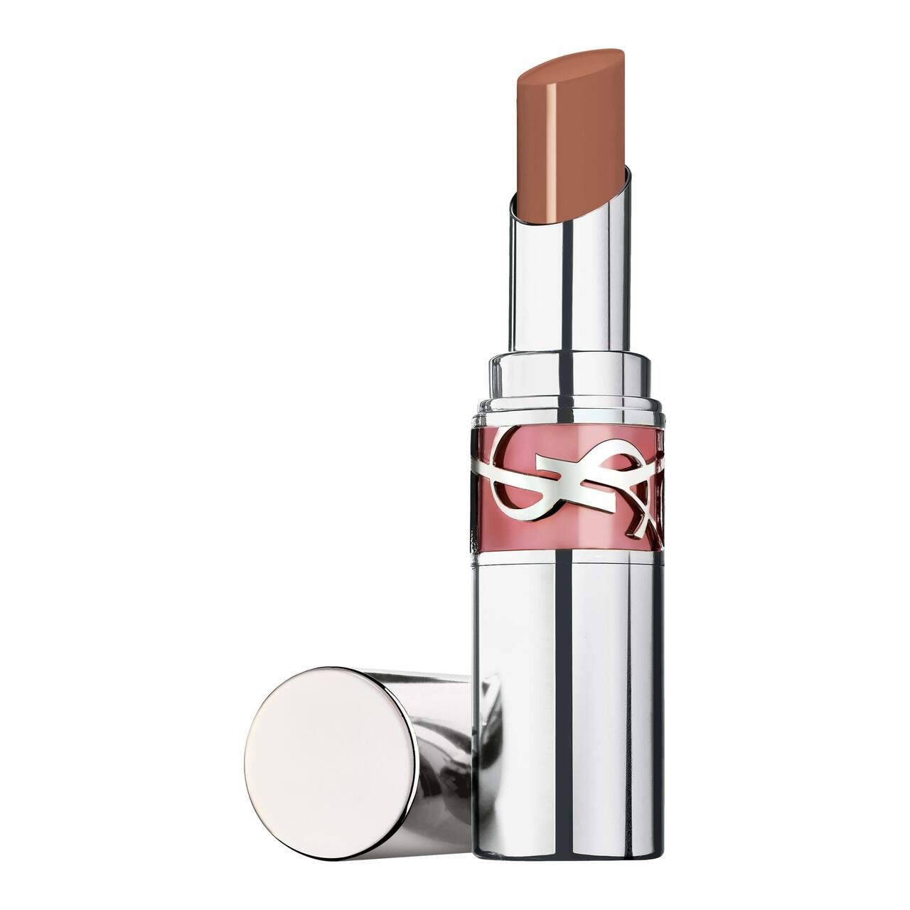 Yves Saint Laurent Loveshine lippenstift. Open, bruine lippenstift, zilveren huls. YSL-logo zichtbaar.