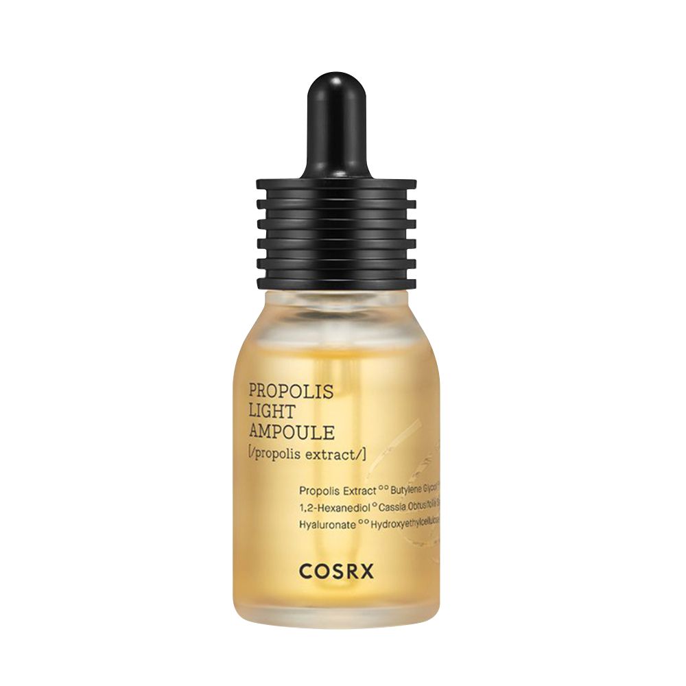Ampoule Propolis Légère COSRX en flacon de verre avec bouchon pipette, liquide jaune, étiquetage clair.