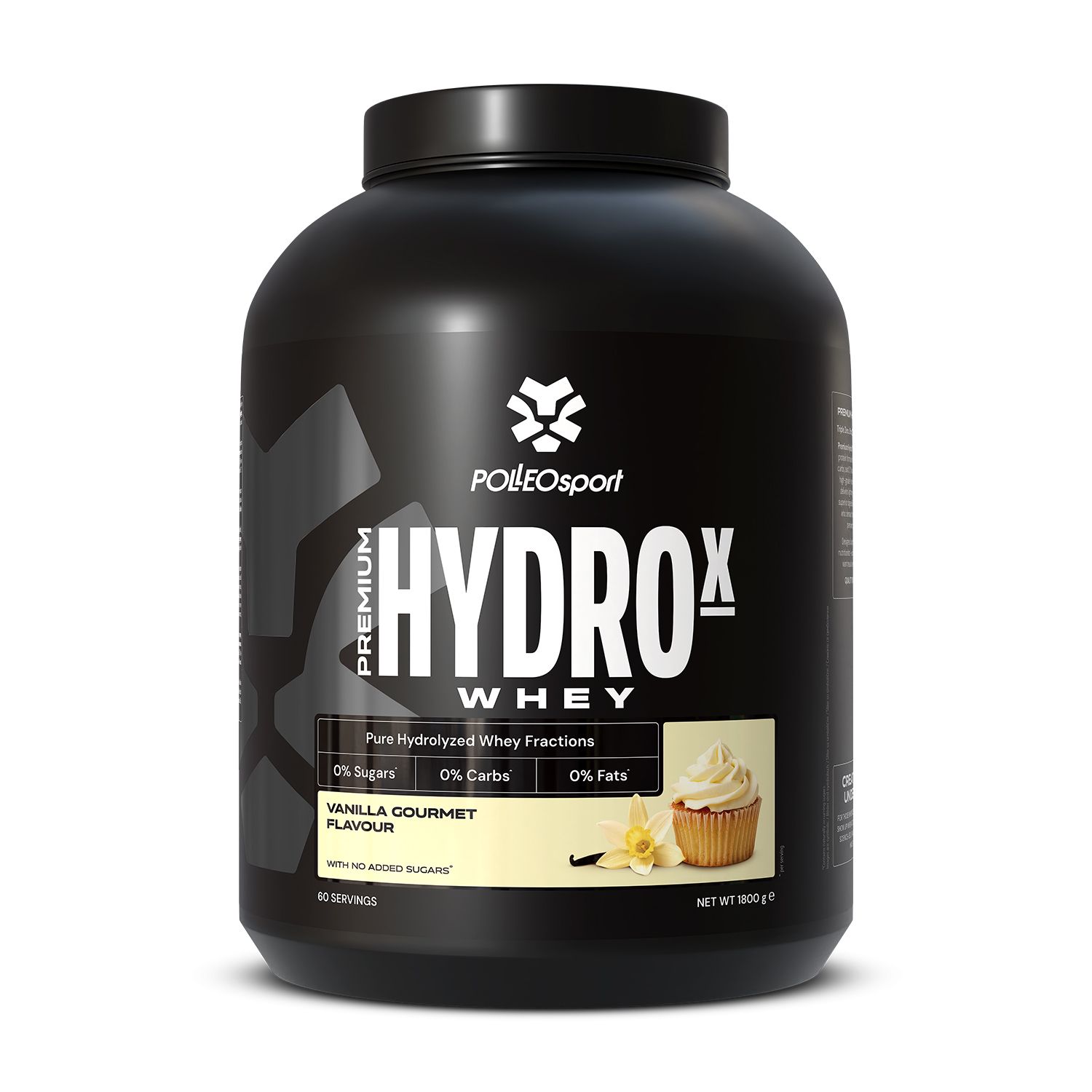 Zwarte pot "HYDROx Whey". Opschrift: "Vanilla Gourmet". Bevat 0% suiker, koolhydraten en vet. Merk: PolleoSport.
