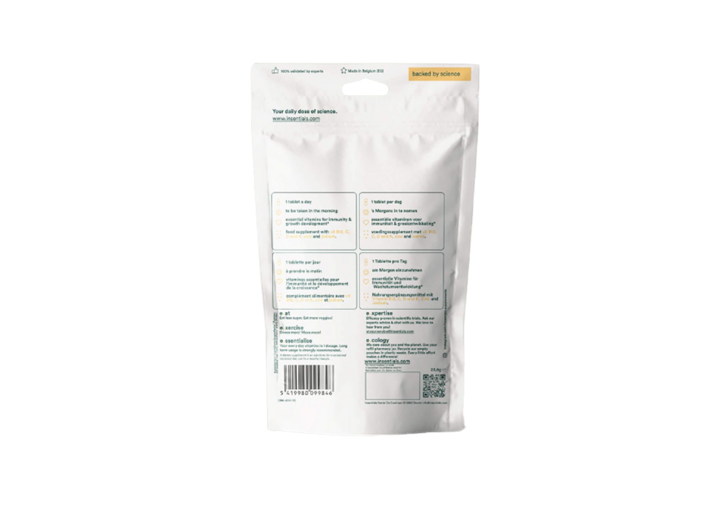Dos d'un sachet. Sections de texte avec informations. Code-barres et QR code en bas.