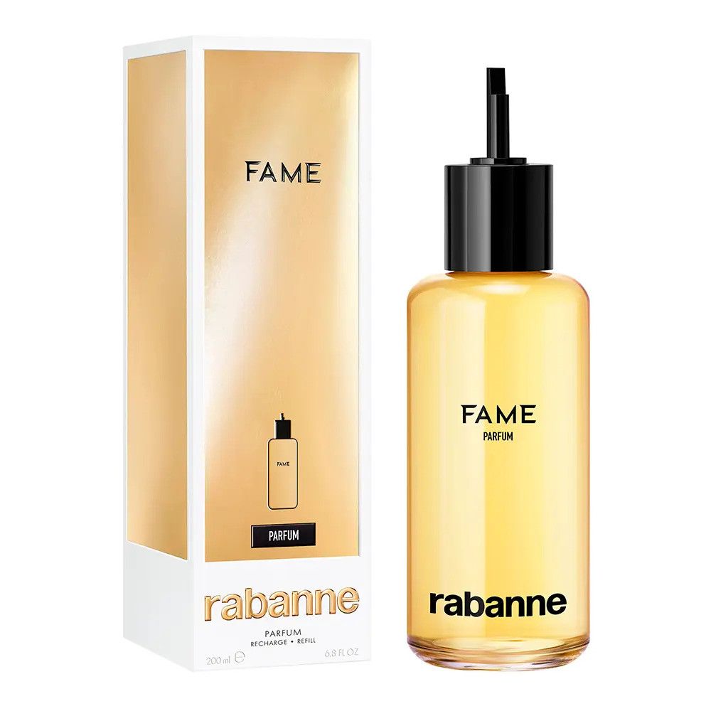 Flacon de parfum jaune avec bouchon noir et emballage doré. Inscription "FAME" et logo "rabanne".