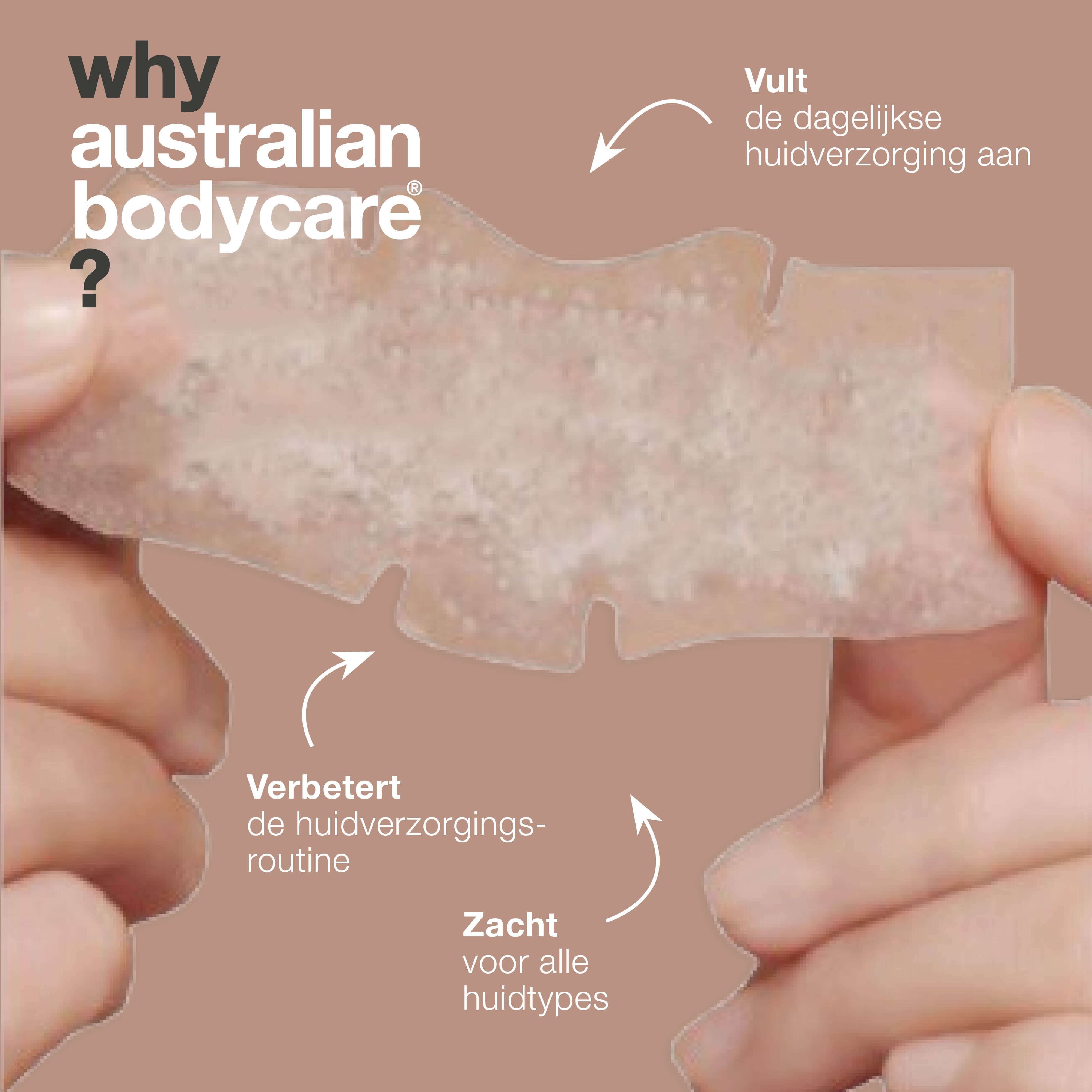 Handen houden een neusstrip vast. Tekst: Waarom Australian Bodycare? Verbetert huidverzorging. Voor alle huidtypes.