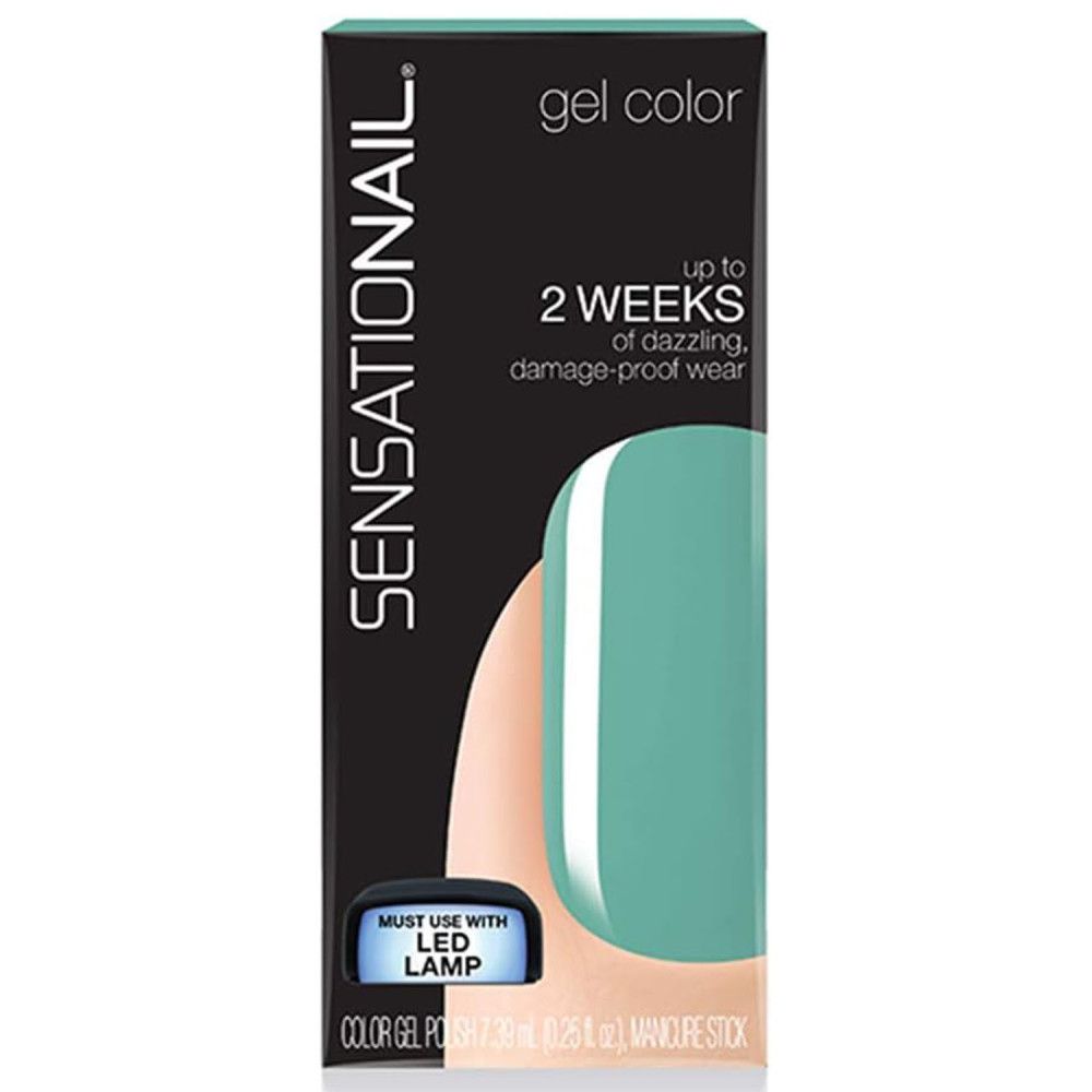 Emballage noir avec vernis gel coloré Sensationail. Couleur turquoise, texte: 2 semaines.