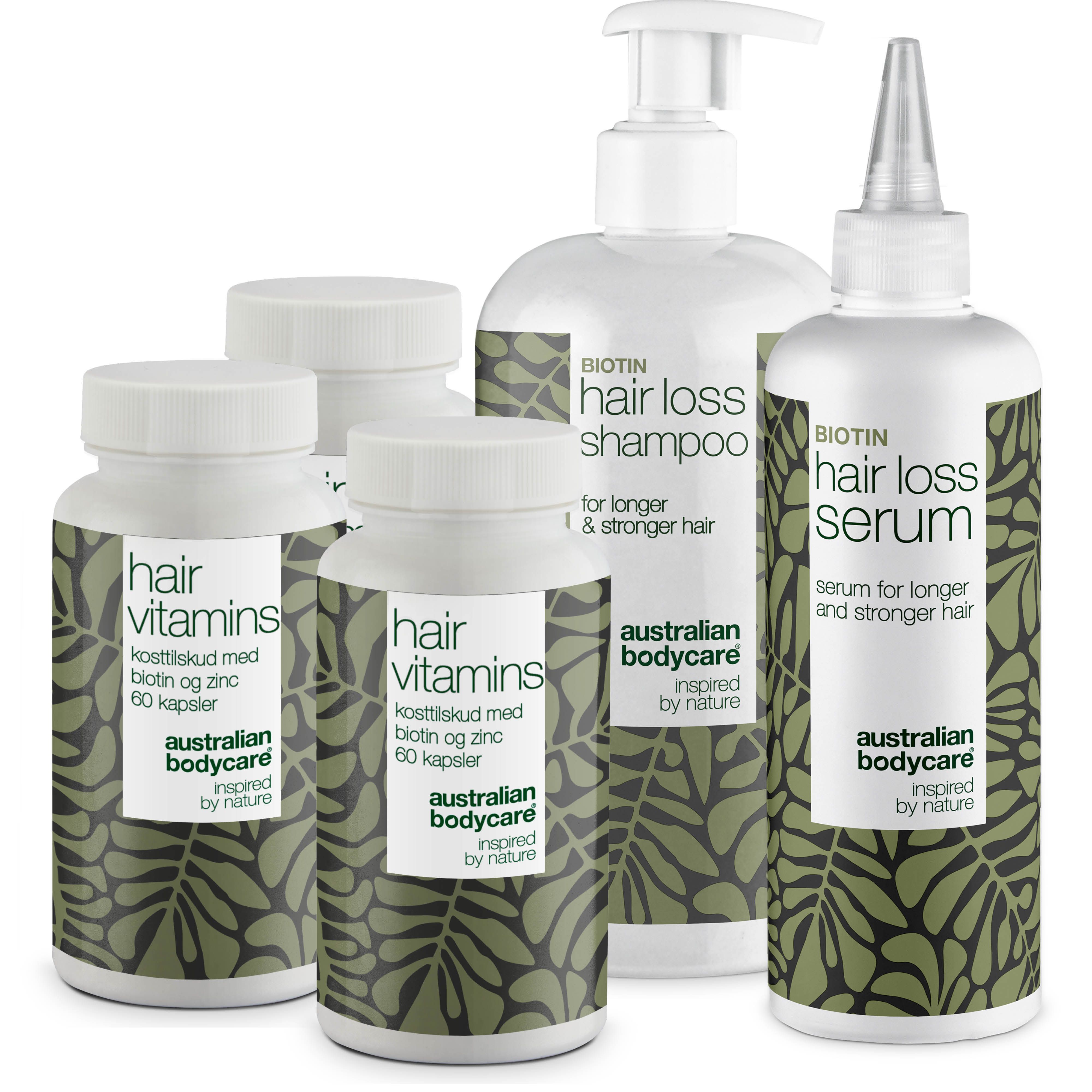 Verschillende flessen en capsules. Opschrift: Hair Vitamins, Hair Loss Shampoo, Hair Loss Serum. Merk: Australian Bodycare.