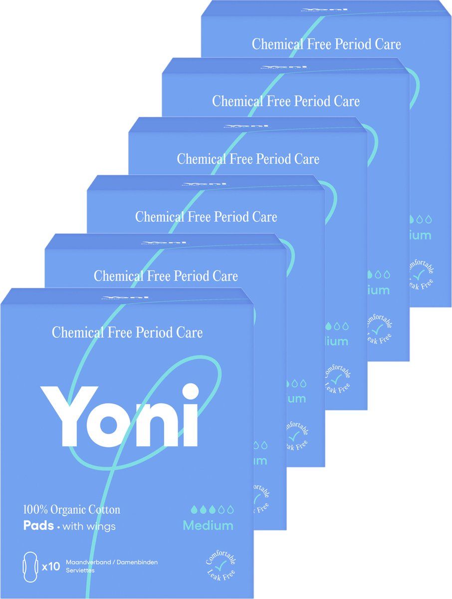 Plusieurs boîtes bleues avec "Yoni" et "Chemical Free Period Care".