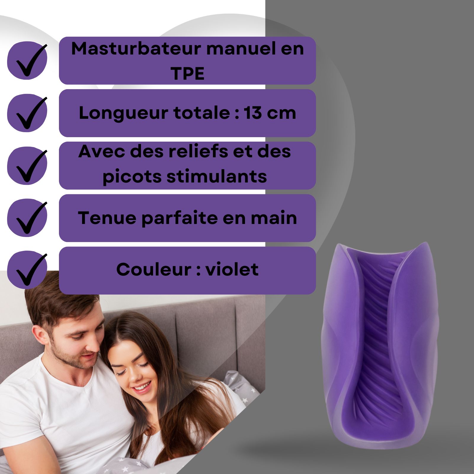 Masturbateur violet. En TPE. Rainuré. Sur socle.