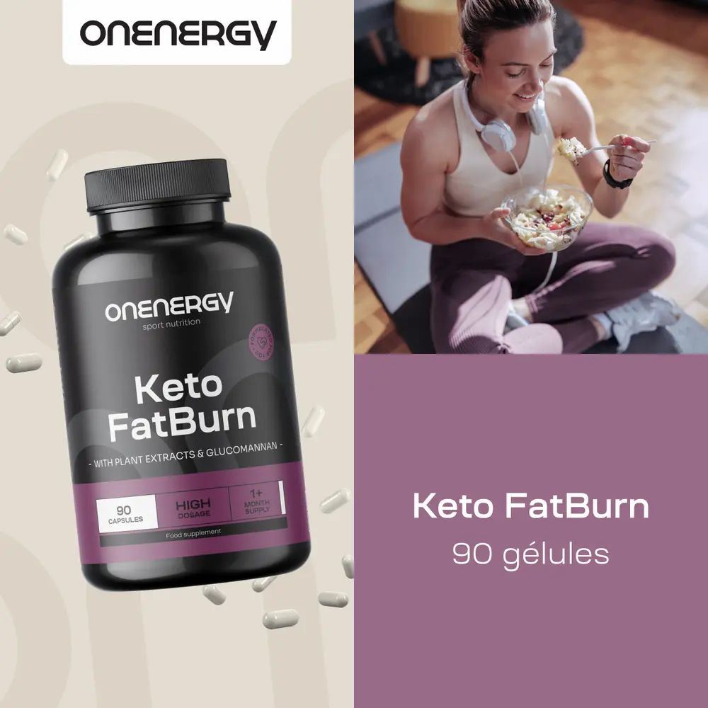 Femme mangeant une salade, bouteille OnEnergy Keto FatBurn à côté. 90 gélules.