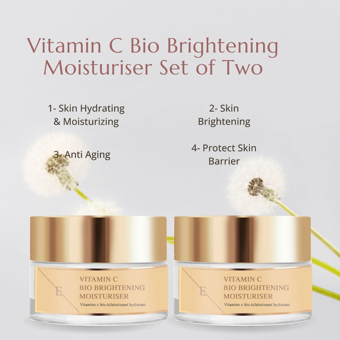 Twee potten ErthSkin London Vitamin C Bio Brightening Moisturizer. Tekst met voordelen. Achtergrond met paardenbloemen.