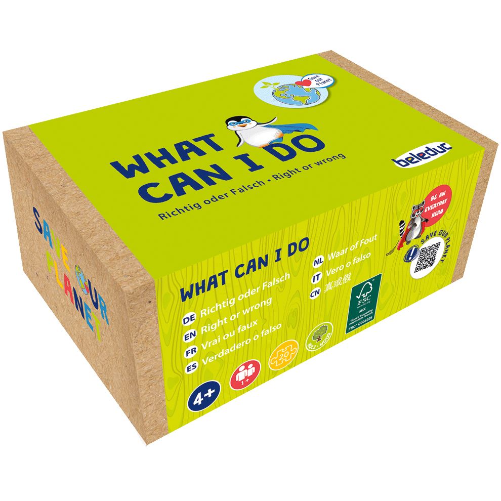 Boîte en carton "WHAT CAN I DO". Textes multilingues. Logo Beleduc. Label FSC. Âge recommandé 4+.