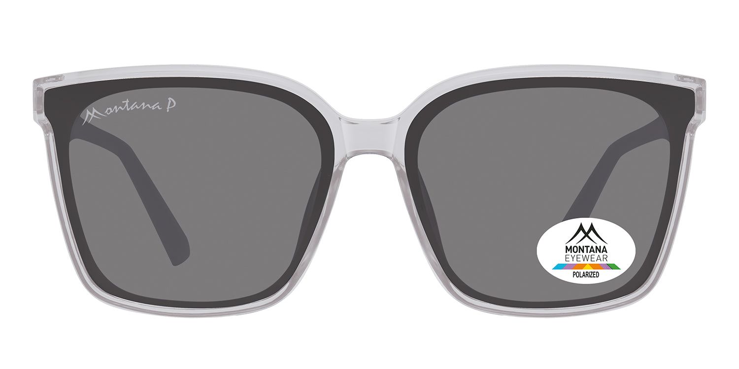 Lunettes de soleil Montana Eyewear. Forme rectangulaire, verres gris, monture transparente. Logo et autocollant Polarized.