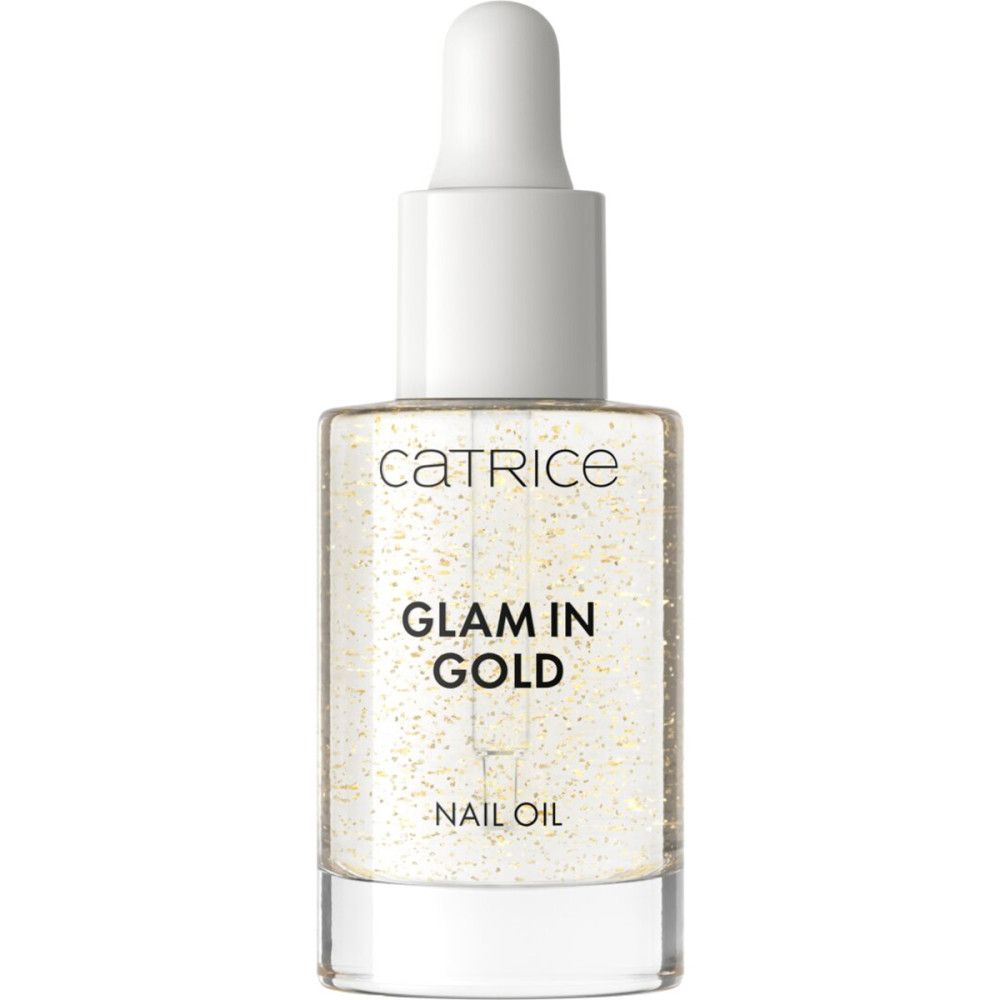 Huile pour ongles Catrice Glam in Gold. Flacon transparent avec paillettes dorées. Bouchon blanc avec pipette. Nom du produit visible.