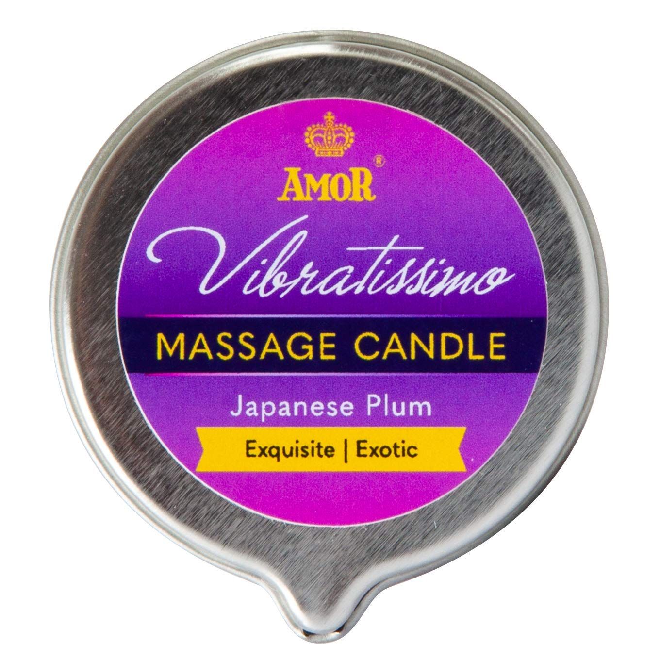 Deksel van een massagekaars met etiket: Vibratissimo Japanese Plum.