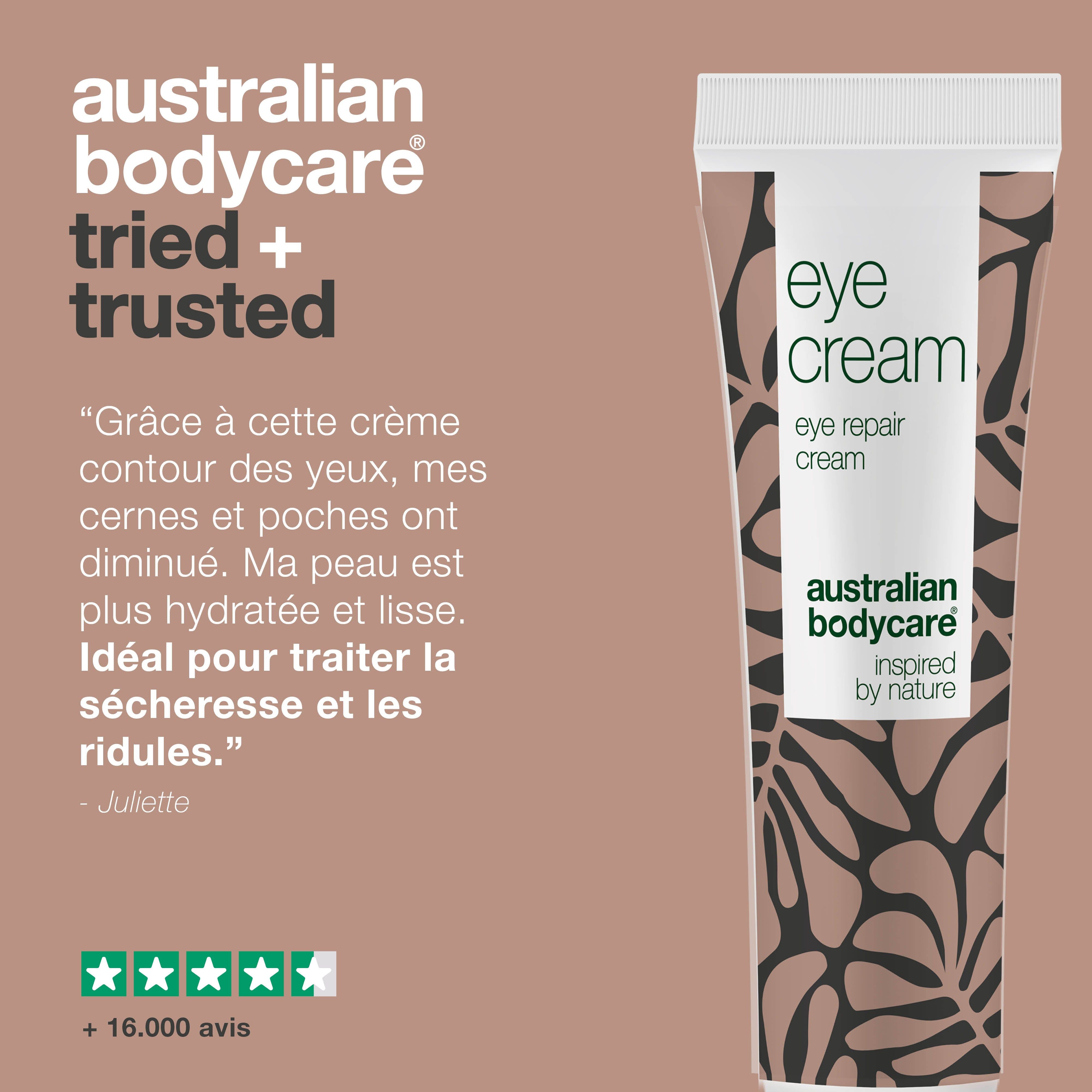 Collage: Australian Bodycare. Photos de personnes avec des produits. Texte: Soins de la peau depuis 1990, +100 000 clients satisfaits.
