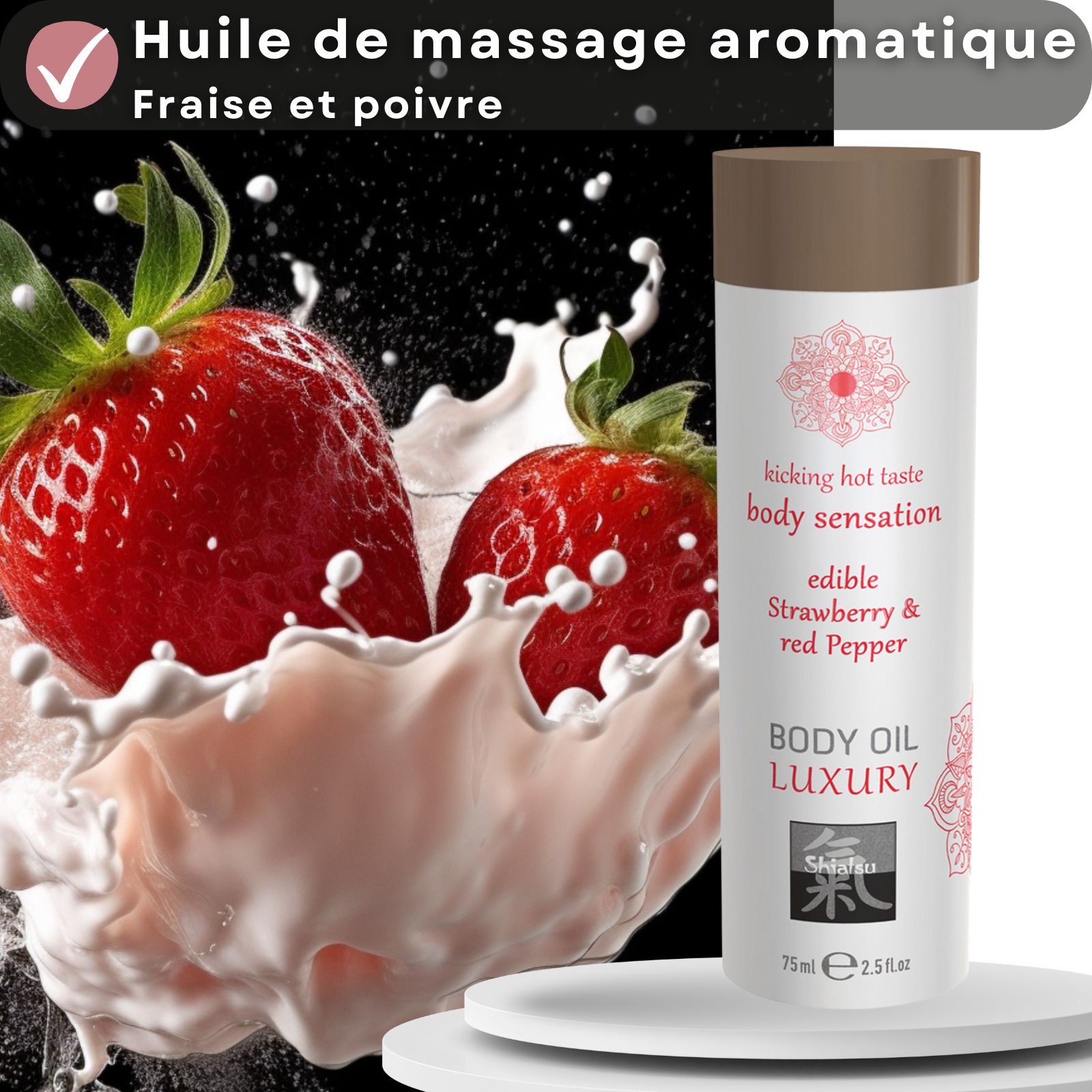 Bouteille d'huile corporelle Shiatsu Luxury, saveur fraise et poivre rouge.