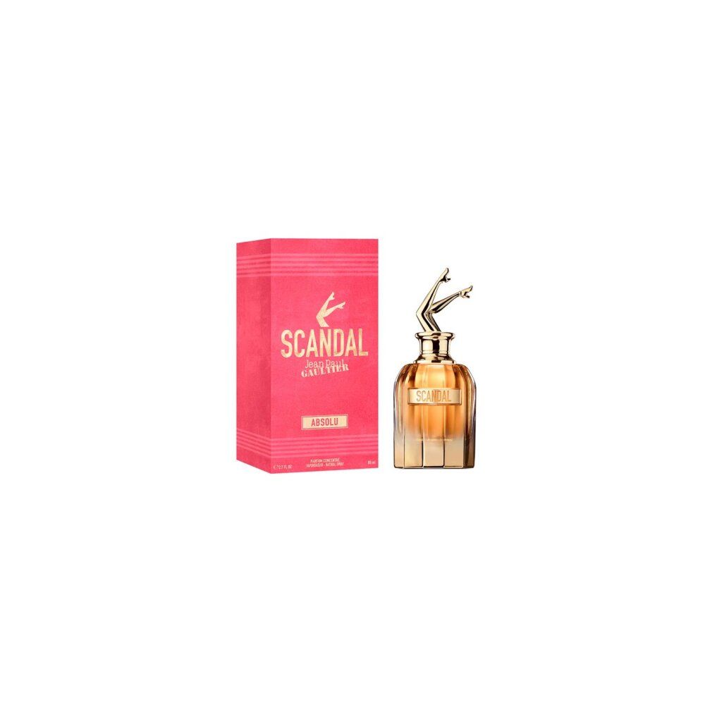 Parfumfles met gouden benen als dop. Daarnaast een roze doos met gouden opschrift "SCANDAL ABSOLU".