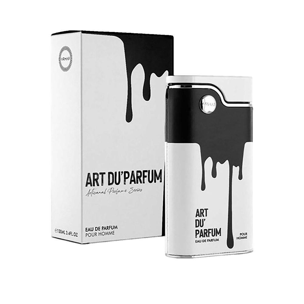 Witte doos en flacon met zwart verfspat-ontwerp. Opschrift: Art Du Parfum, Eau de Parfum, Pour Homme.