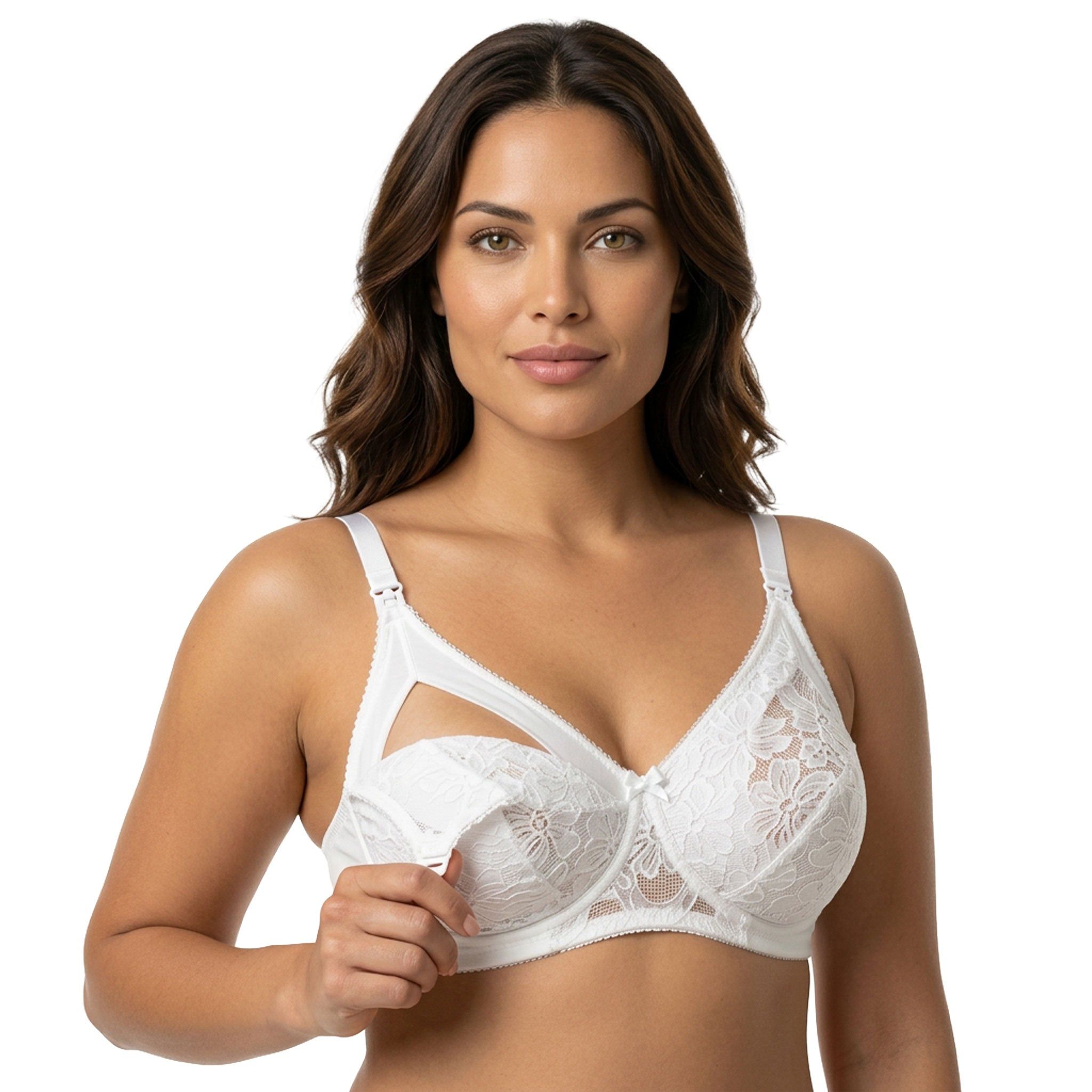 Vrouw draagt witte voedingsbeha met Rebrodè-kant. Cup geopend, vooraanzicht.