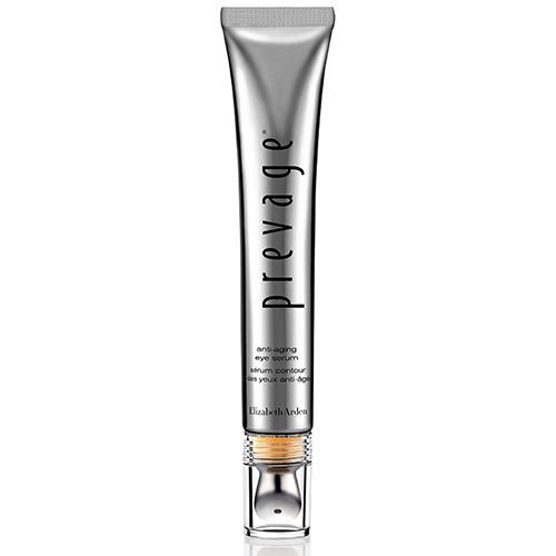 Zilverkleurige tube met "prevage". Anti-aging oogserum. Kogelapplicator. Merk: Elizabeth Arden.