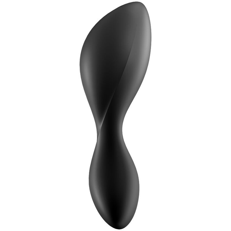 Zijaanzicht van een zwarte vibrator met gebogen, gedraaide vorm. Glad oppervlak. Geïsoleerd op witte achtergrond.