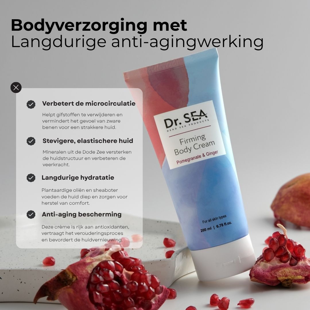 Bodycrèmetube met tekst en granaatappel. Tekst: Dr. SEA, Firming Body Cream, Granaatappel & Gember. Voordelen.
