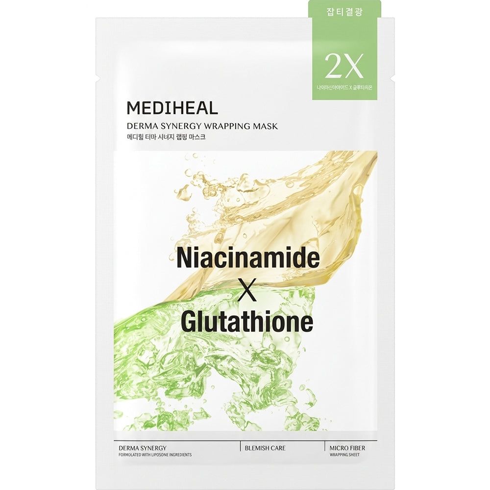 Emballage de MEDIHEAL Derma Synergy Wrapping Tuchmaske. Inscription : Niacinamide X Glutathione.