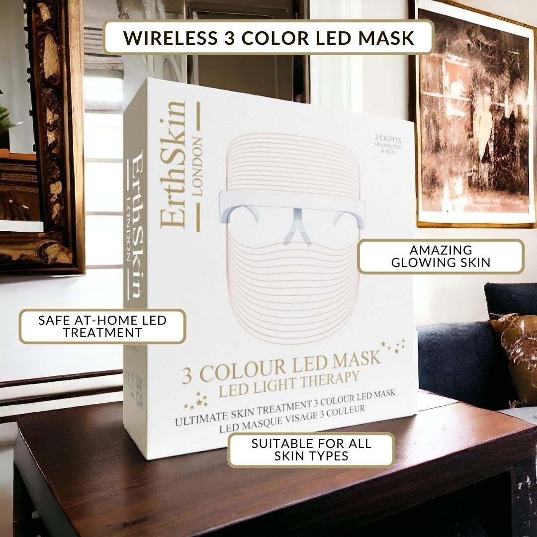 Verpakking van het Erth Skin London 3-kleuren LED-masker met aanwijzingen.