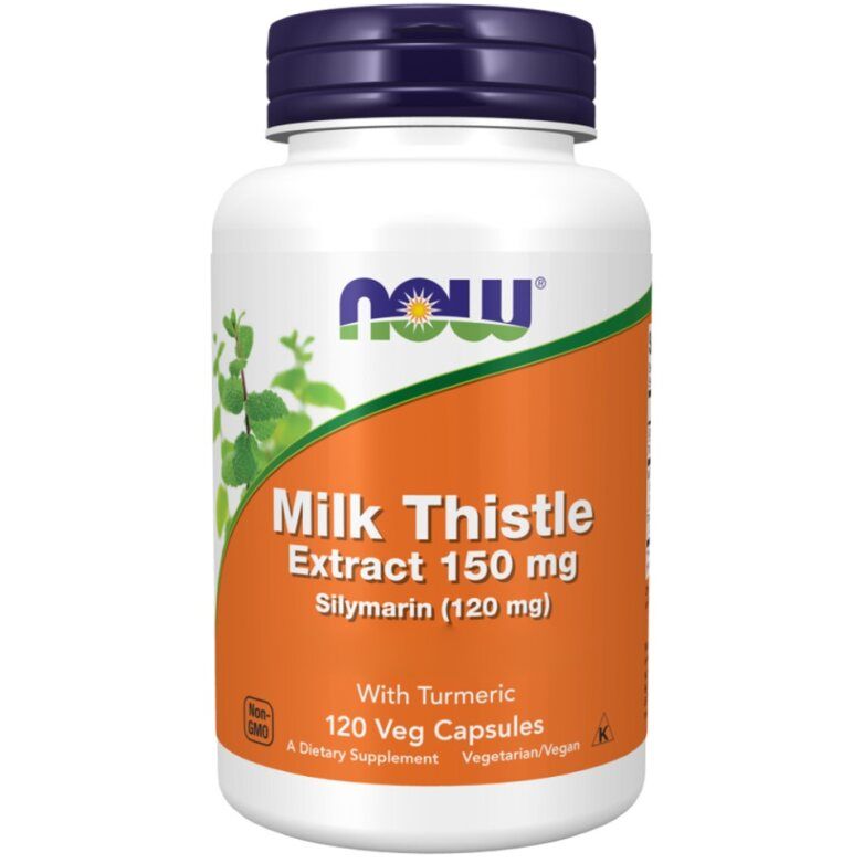 Witte fles met blauwe dop. Opschrift: Milk Thistle Extract 150 mg, 120 Veg Capsules. Bevat kurkuma. Vegetarisch/Vegan.