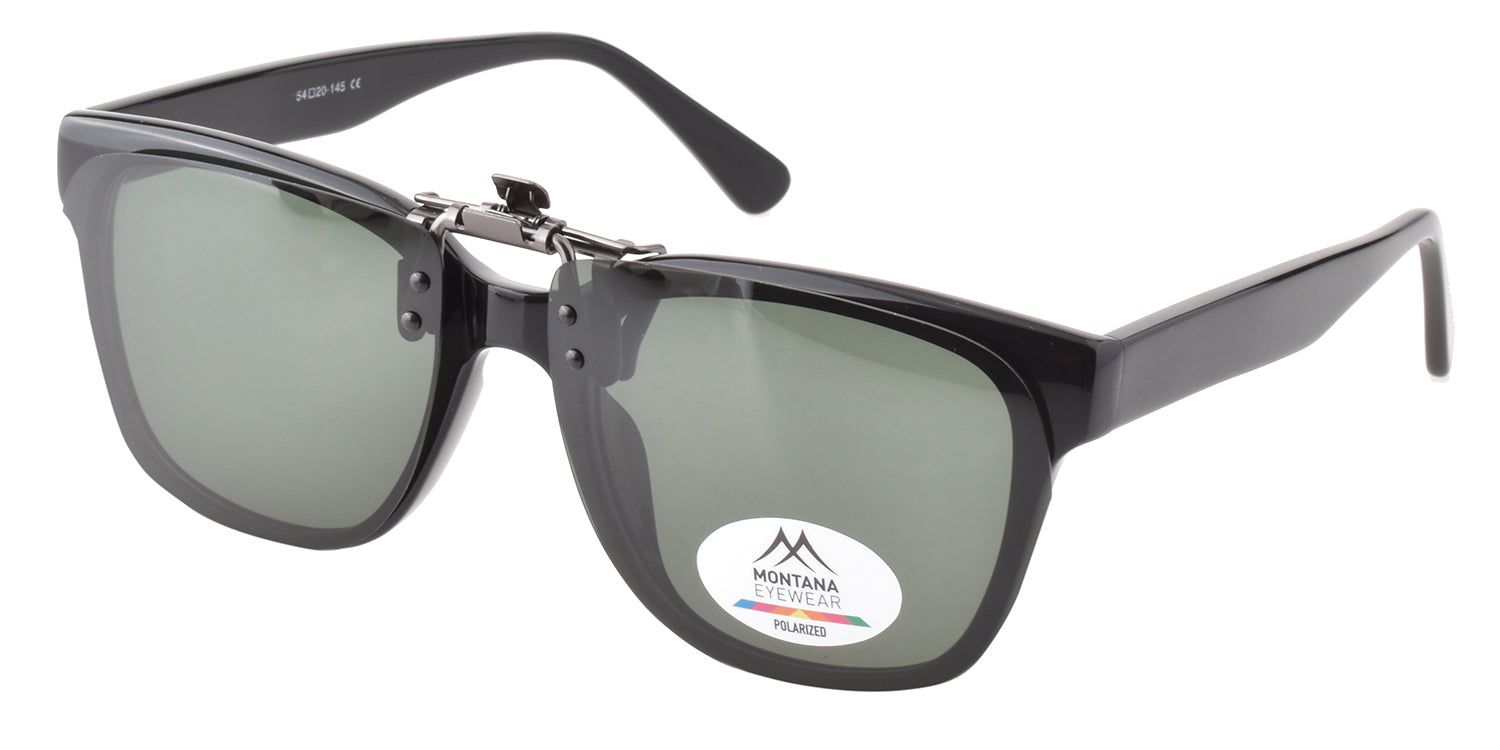 Lunettes noires avec verres verts et lunettes de soleil à clipser. Logo Montana Eyewear et autocollant Polarized.