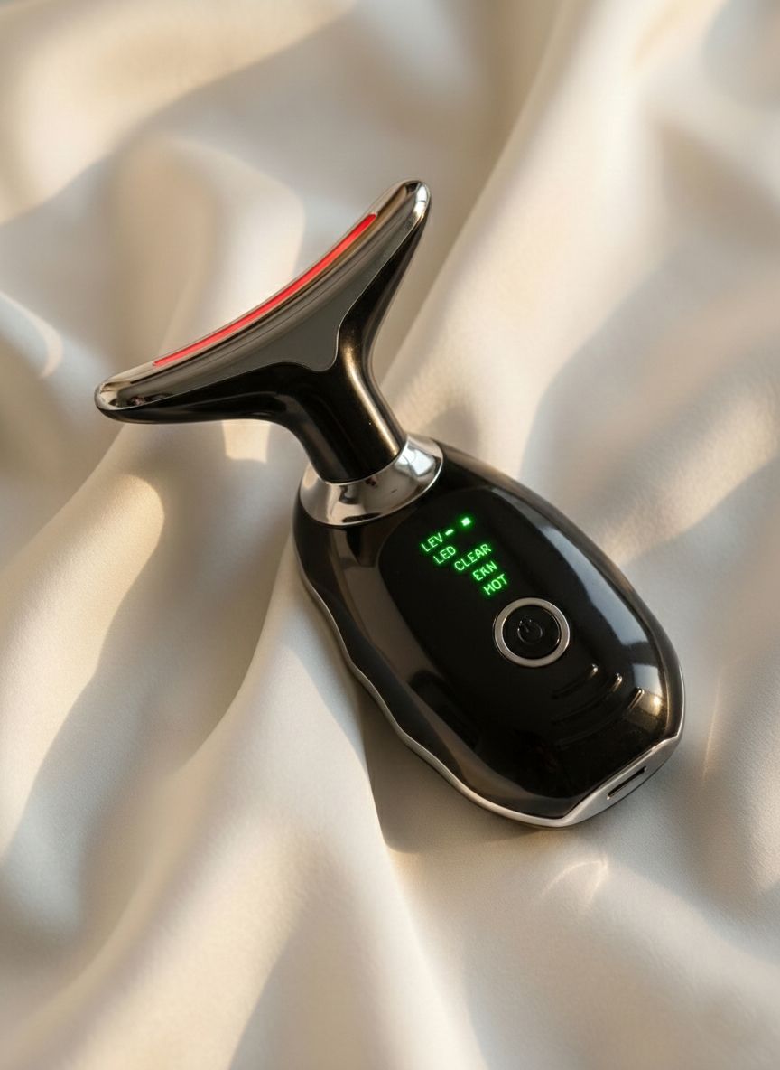 Zwarte gezichts- en nekmassager met zilveren accenten, rustend op witte stof. Rode LED-strip bovenaan, groen display onderaan.