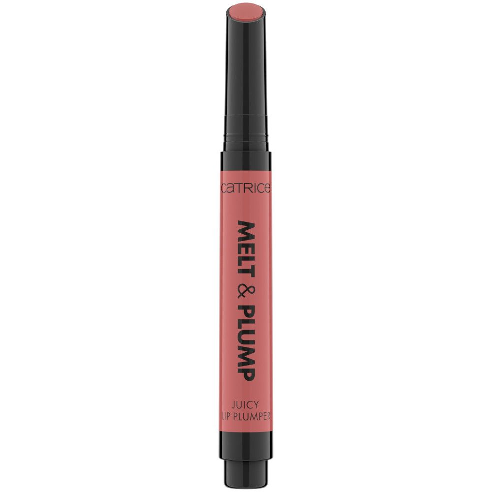 Catrice Melt & Plump. Forme cylindrique, capuchon et base noirs. Inscription rose et nom du produit.