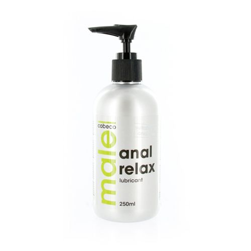 Zilveren fles met zwarte pomp. Opschrift: male, anal relax lubricant, 250ml. Merk: cobeco.