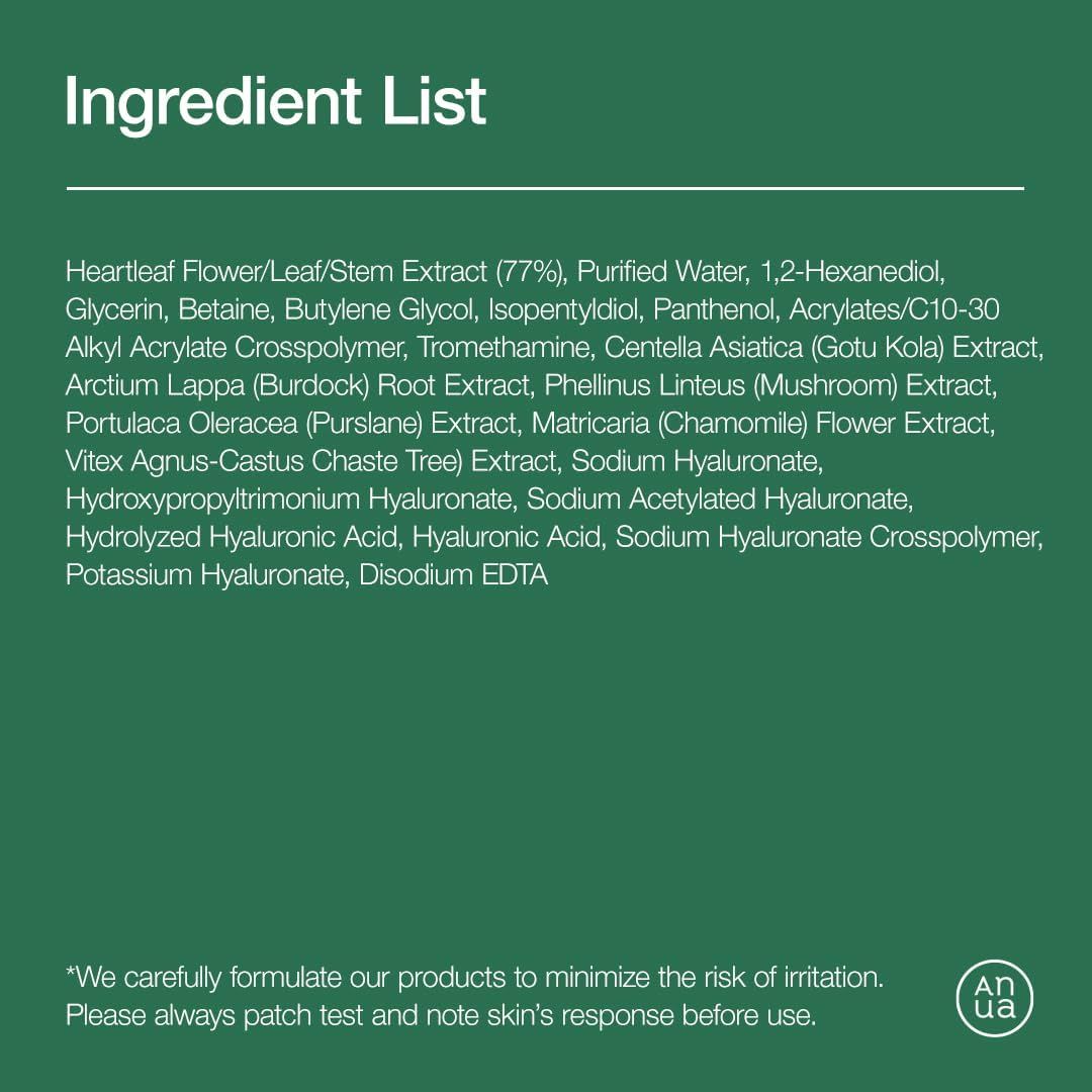 Liste des ingrédients du toner apaisant Anua Heartleaf 77%, mettant en avant l'extrait de feuille de cœur.