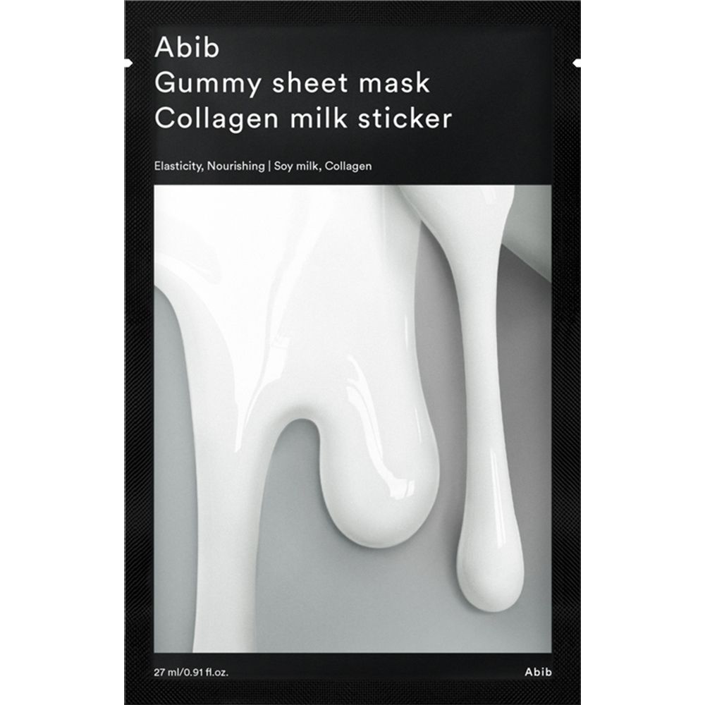 Zwarte verpakking met witte vloeistof. Tekst: Abib Gummy Sheet Mask Collagen Milk Sticker. 27 ml/0.91 fl.oz.