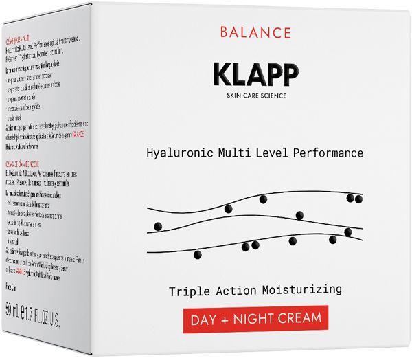 Witte Klapp-verpakking. Opschrift: Hyaluronic Multi Level Performance Triple Action Moisturizing Day + Night Cream. Meertalige tekst op de zijkant.