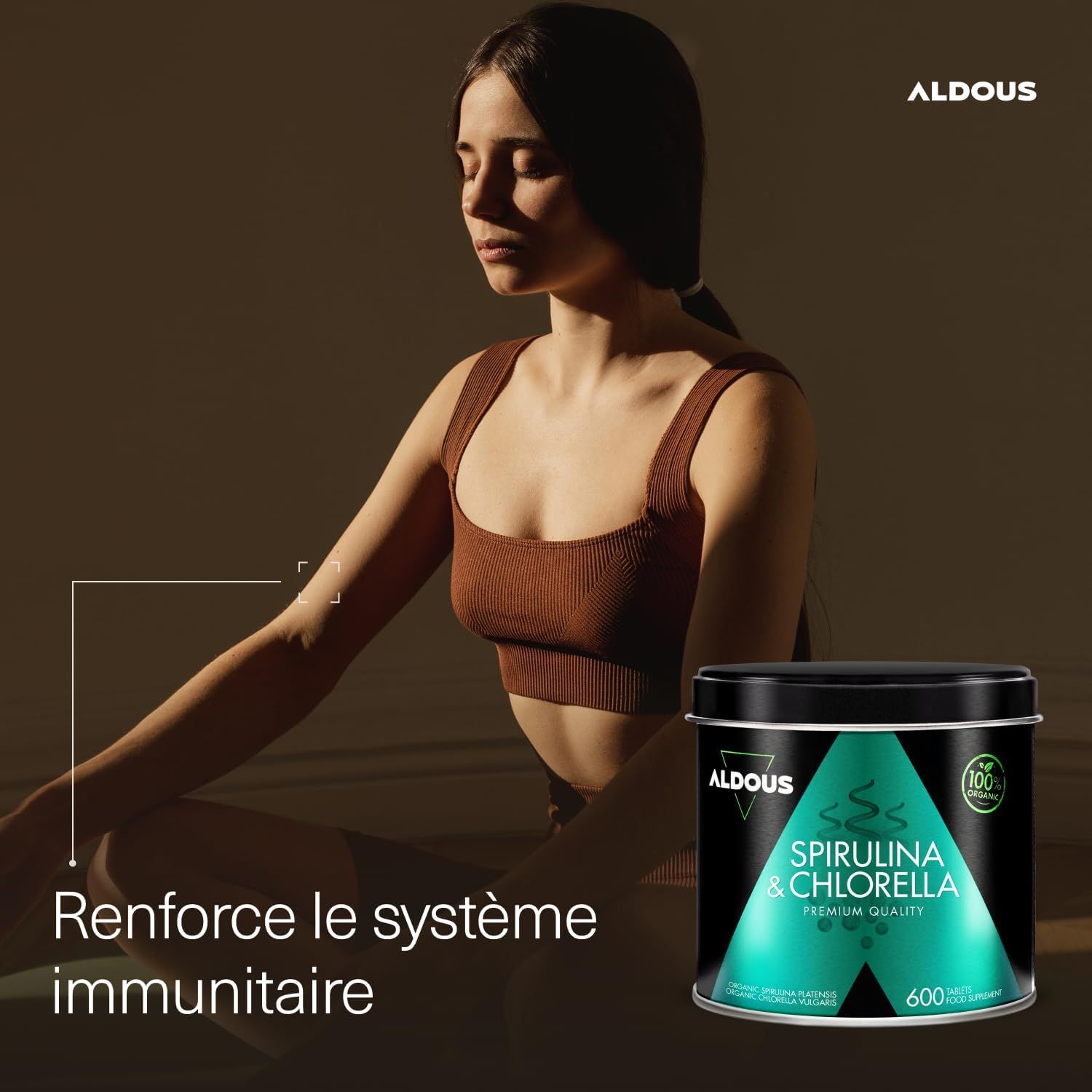 Boîte Aldous Spiruline & Chlorelle de 600 comprimés. Sceau bio visible.