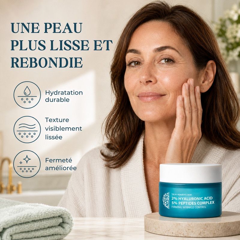 Une femme à la peau lisse à côté d'un pot de crème à l'acide hyaluronique et complexe peptidique.
