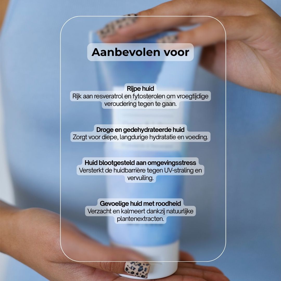 Blauw-witte crème tube. Tekst: Dr. SEA, Detox & Lifting Body Cream. Bevat fytosterolen & resveratrol.
