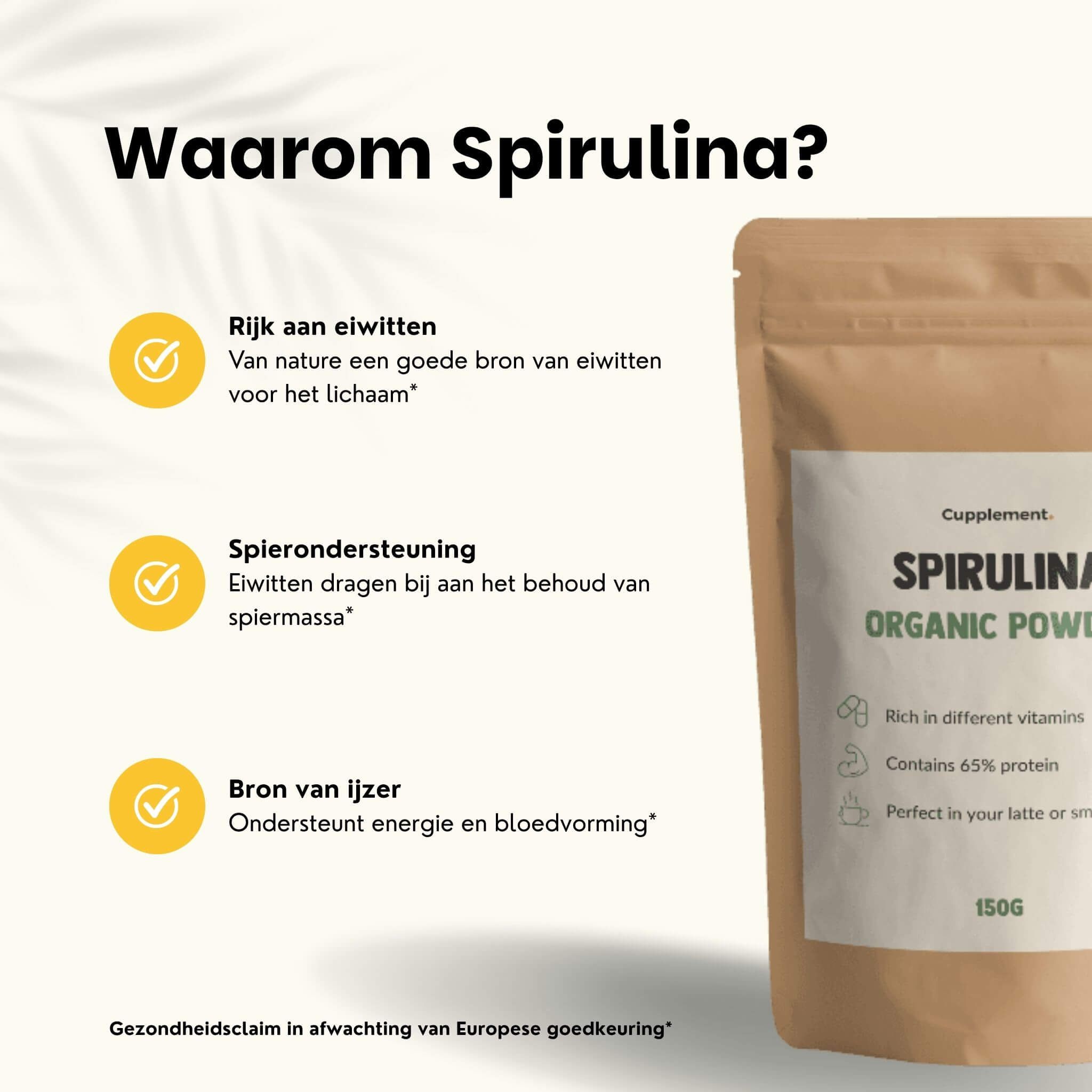 Zak Cupplement Spirulina BIO. Bruine verpakking met wit etiket. 150g. Rijk aan eiwitten, spierondersteuning.